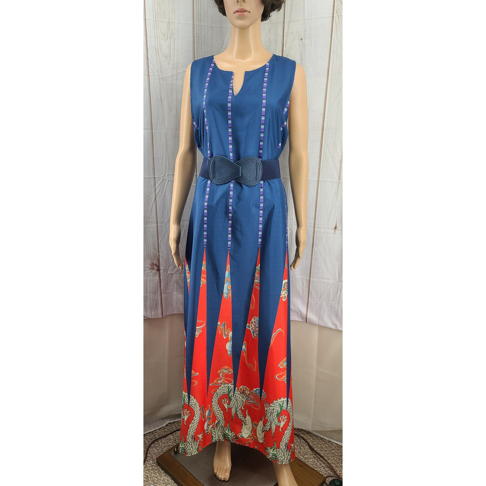 Hekka Women's Silky Sleeveless Maxi Shift Dress Elastic Belt Dragon Pattern XL